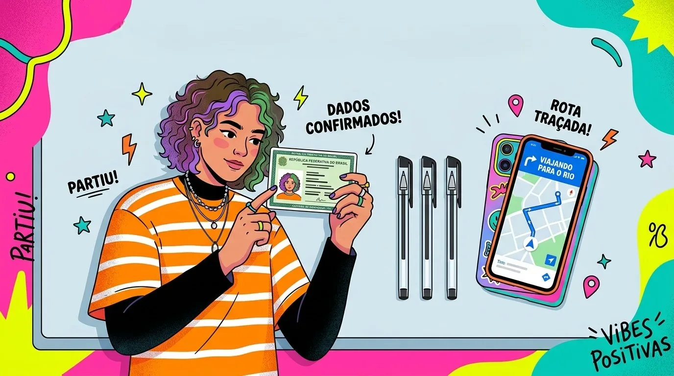 Ilustração vibrante em estilo pop de uma pessoa jovem de cabelos cacheados coloridos exibindo uma carteira de identidade brasileira (RG). A cena é decorada com grafismos coloridos e as frases "DADOS CONFIRMADOS!", "PARTIU!" e "VIBES POSITIVAS", acompanhadas de três canetas esferográficas e um smartphone mostrando um aplicativo de mapas com a rota "VIAJANDO PARA O RIO".