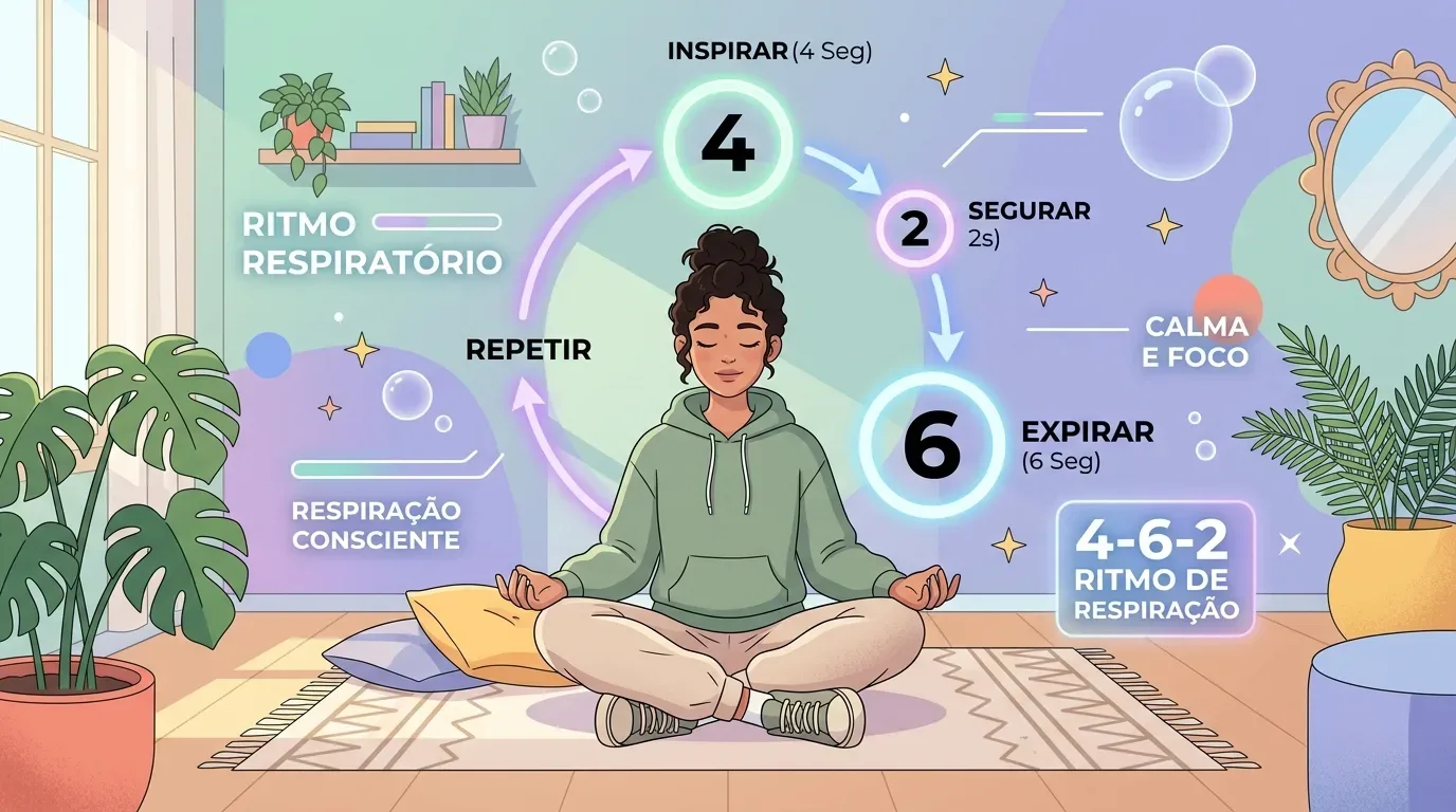 Ilustração educativa com instruções para a técnica de respiração "4-6-2 RITMO DE RESPIRAÇÃO". No centro, uma jovem de cabelos cacheados senta-se de pernas cruzadas no chão de um quarto. Um gráfico circular ao seu redor detalha os passos do "RITMO RESPIRATÓRIO": 1. "INSPIRAR (4 Seg)"; 2. "SEGURAR (2s)"; 3. "EXPIRAR (6 Seg)"; 4. "REPETIR". O ambiente é decorado com plantas, tapete e espelho.