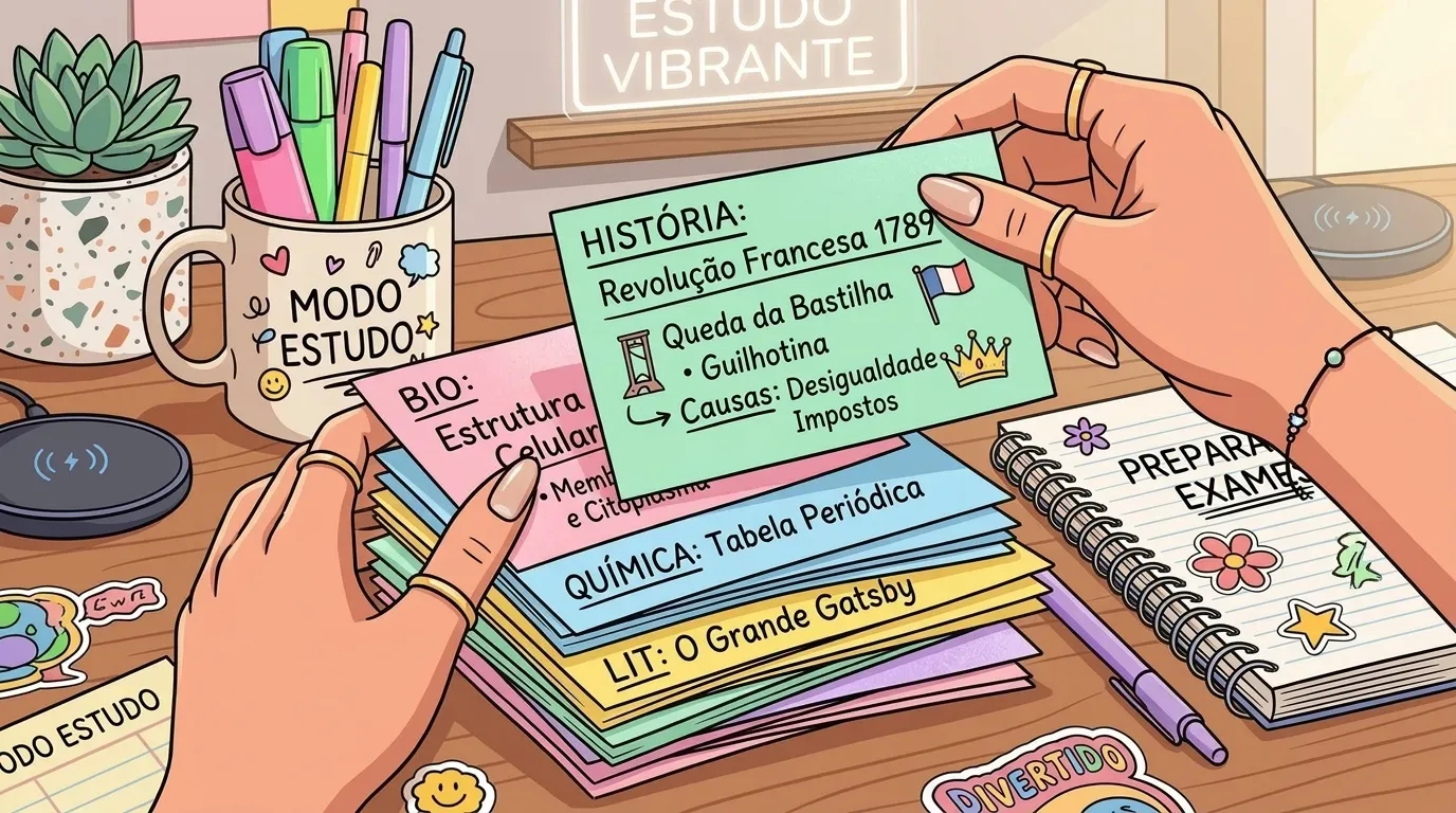 Ilustração em perspectiva de primeira pessoa com mãos organizando fichas de estudo (flashcards) em tons pastel sobre uma escrivaninha. A ficha em destaque traz anotações sobre "HISTÓRIA: Revolução Francesa 1789", acompanhada por cartões de Biologia, Química e Literatura. Ao redor, veem-se uma caneca porta-canetas escrita "MODO ESTUDO", um caderno anotado "PREPARA EXAME", vaso de suculenta e adesivos decorativos.