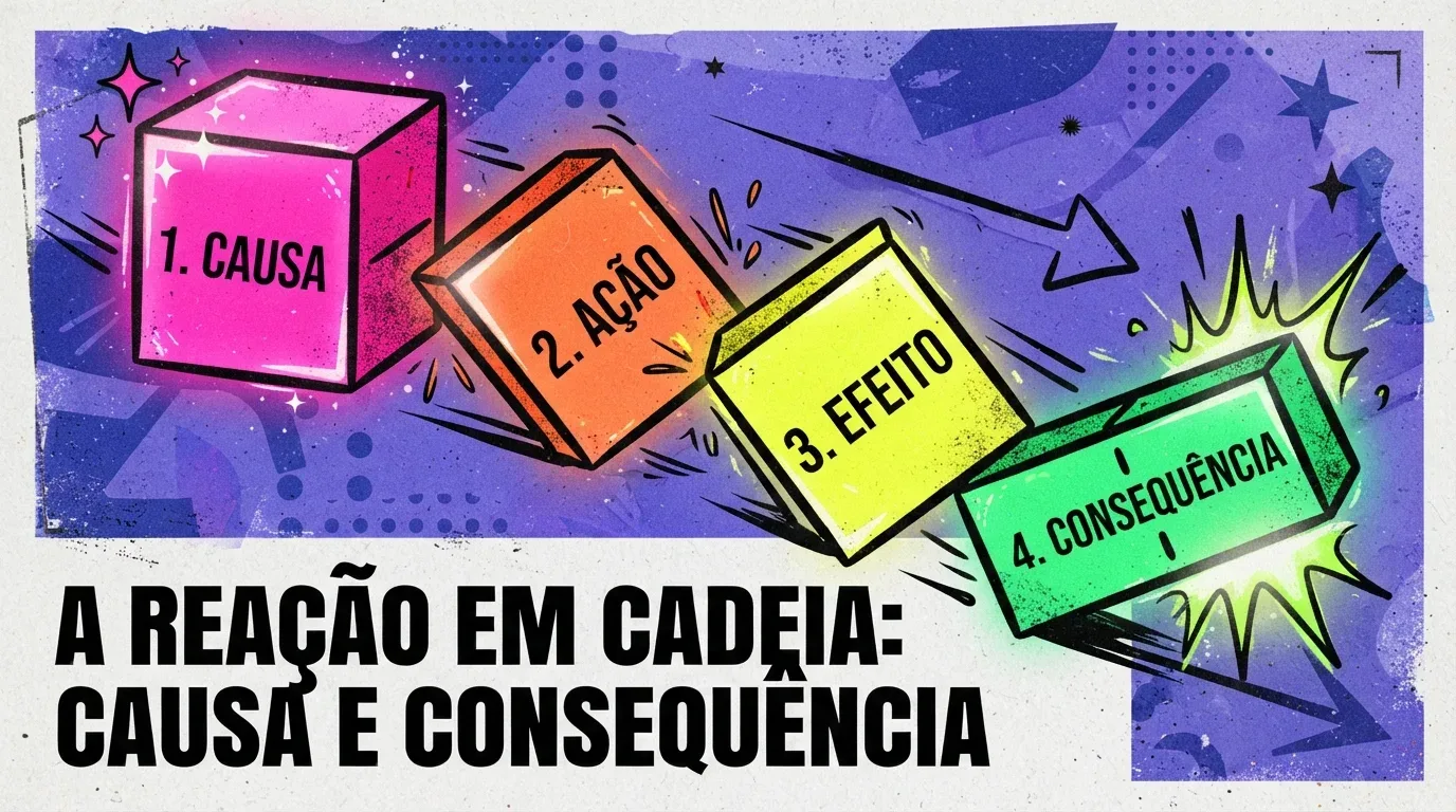 Ilustração gráfica em estilo pop e HQ mostrando quatro blocos tridimensionais coloridos caindo em sequência como dominós sobre um fundo roxo dinâmico. Cada bloco traz uma etapa numerada: "1. CAUSA" (bloco rosa), "2. AÇÃO" (bloco laranja), "3. EFEITO" (bloco amarelo) e "4. CONSEQUÊNCIA" (bloco verde gerando um impacto luminoso). Na parte inferior, destaca-se o título principal: "A REAÇÃO EM CADEIA: CAUSA E CONSEQUÊNCIA".
