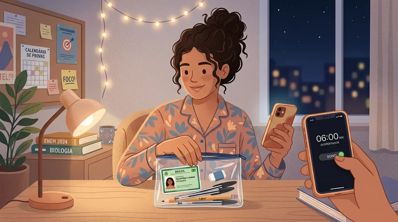 Uma estudante em pijama florido a organizar um estojo transparente sobre a secretária durante a noite. O estojo guarda a sua carteira de identidade (RG), canetas pretas e borracha para o exame. Em primeiro plano, sobressaem as mãos a segurar um telemóvel com o alarme programado para as "06:00 AM DESPERTADOR", num quarto acolhedor com um painel com o "CALENDÁRIO DE PROVAS" e luzes pisca-pisca.