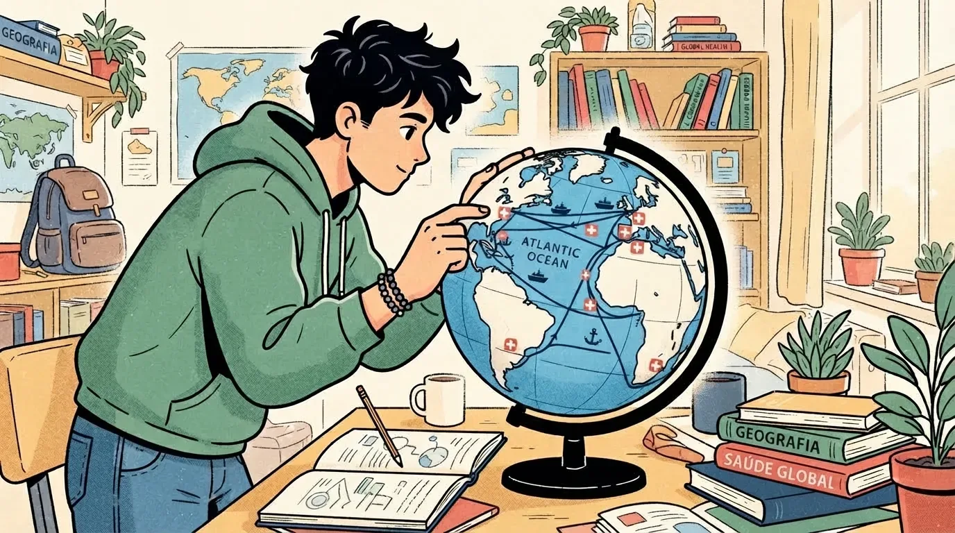 Uma ilustração colorida de um jovem estudante concentrado, debruçado sobre sua escrivaninha. Ele está traçando rotas de navegação complexas com navios e símbolos de cruzes vermelhas através do "ATLANTIC OCEAN" (Oceano Atlântico) em um globo terrestre. Sua escrivaninha está cheia de cadernos, canetas e livros intitulados "GEOGRAFIA" e "SAÚDE GLOBAL", com prateleiras de livros e uma janela ao fundo.