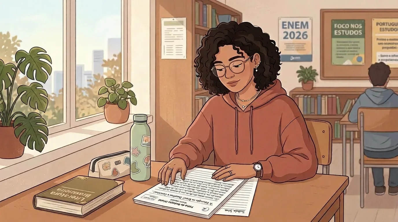 Uma jovem estudante de cabelos caracolados e óculos, com um casaco com capuz tom terracota, concentrada a ler a sua folha oficial de redação numa sala de aula. Sobre a carteira estão um livro de "Literatura Brasileira", um estojo e uma garrafa de água, com cartazes do "ENEM 2026" e "FOCO NOS ESTUDOS" afixados na parede ao fundo.