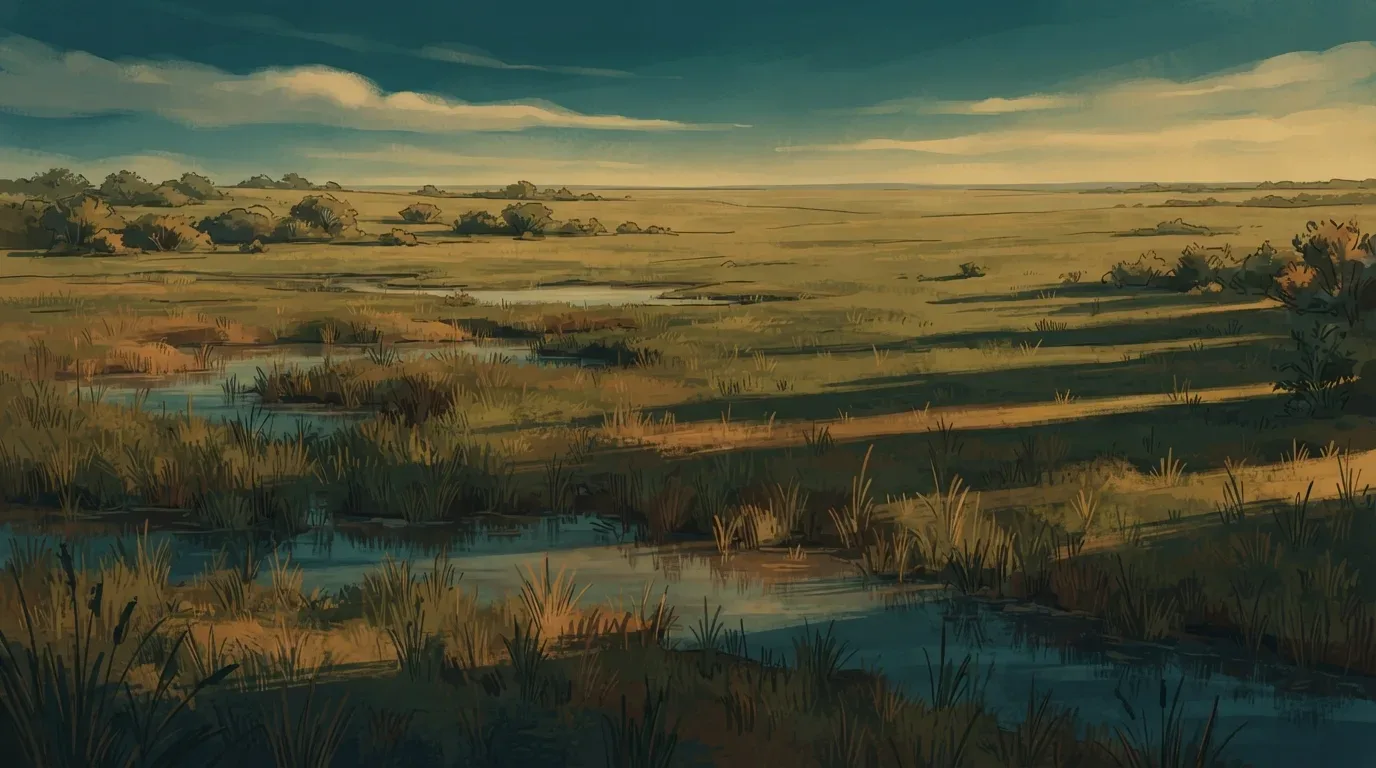 Uma paisagem aberta de banhado e campos planos ao entardecer. Pequenos espelhos d'água cortam a vegetação rasteira e os juncos, refletindo o céu, enquanto o horizonte amplo e plano se estende sob a luz suave do sol poente.