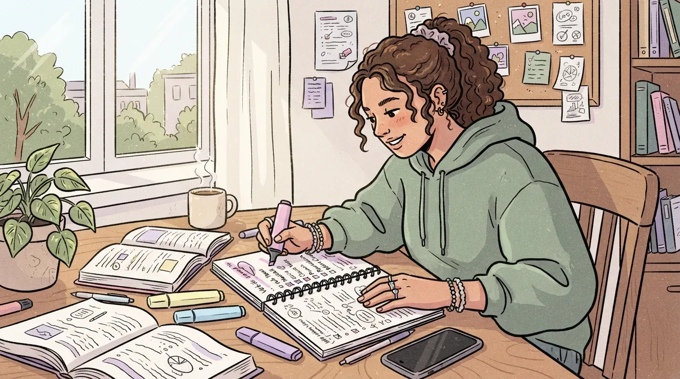 Uma estudante de cabelos cacheados presos e casaco de moletom verde sentada em sua escrivaninha de estudos. Ela utiliza um marcador de texto rosa para destacar itens em um caderno espiral. A mesa está organizada com livros didáticos abertos, canetas coloridas, xícara de café fumegante e smartphone, próxima a uma janela ensolarada e a um painel de cortiça com lembretes ao fundo.