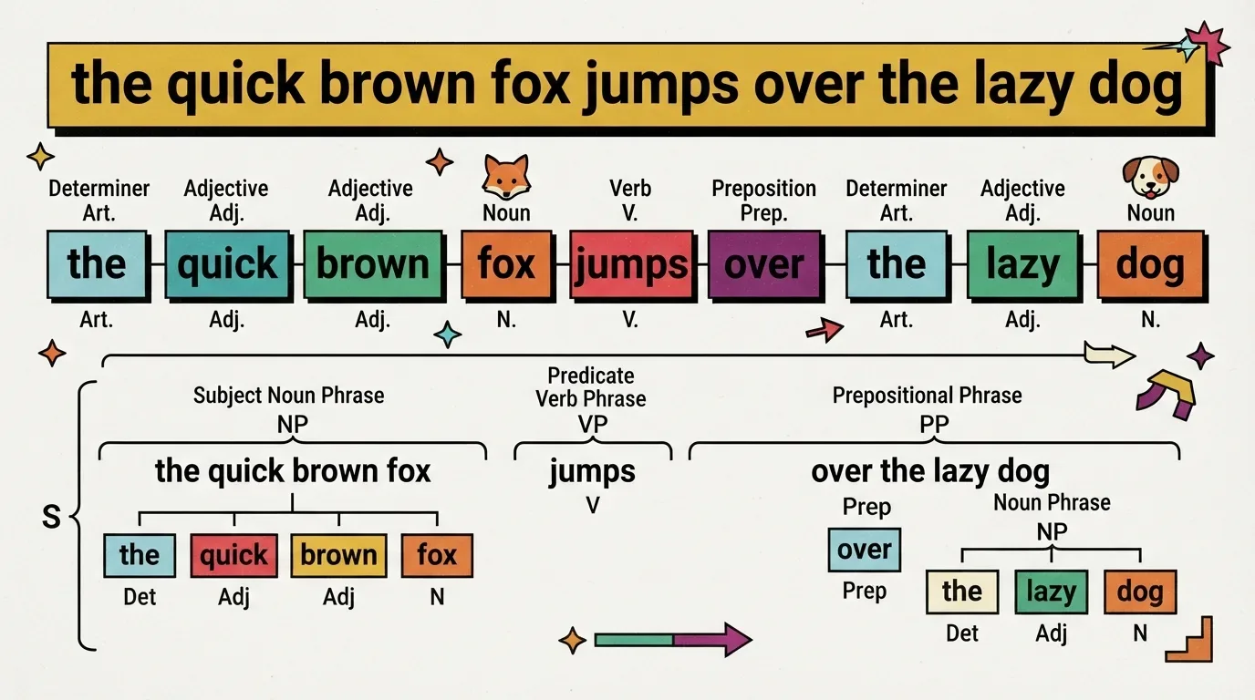 Infográfico educativo de análise sintática e gramatical da frase em inglês "the quick brown fox jumps over the lazy dog". A parte superior classifica cada palavra em sua classe gramatical (artigo, adjetivo, substantivo, verbo e preposição). A parte inferior exibe o diagrama em árvore da estrutura sintática (S), dividido entre sintagma nominal do sujeito (Subject Noun Phrase / NP: "the quick brown fox"), sintagma verbal do predicado (Predicate Verb Phrase / VP: "jumps") e sintagma preposicional (Prepositional Phrase / PP: "over the lazy dog").
