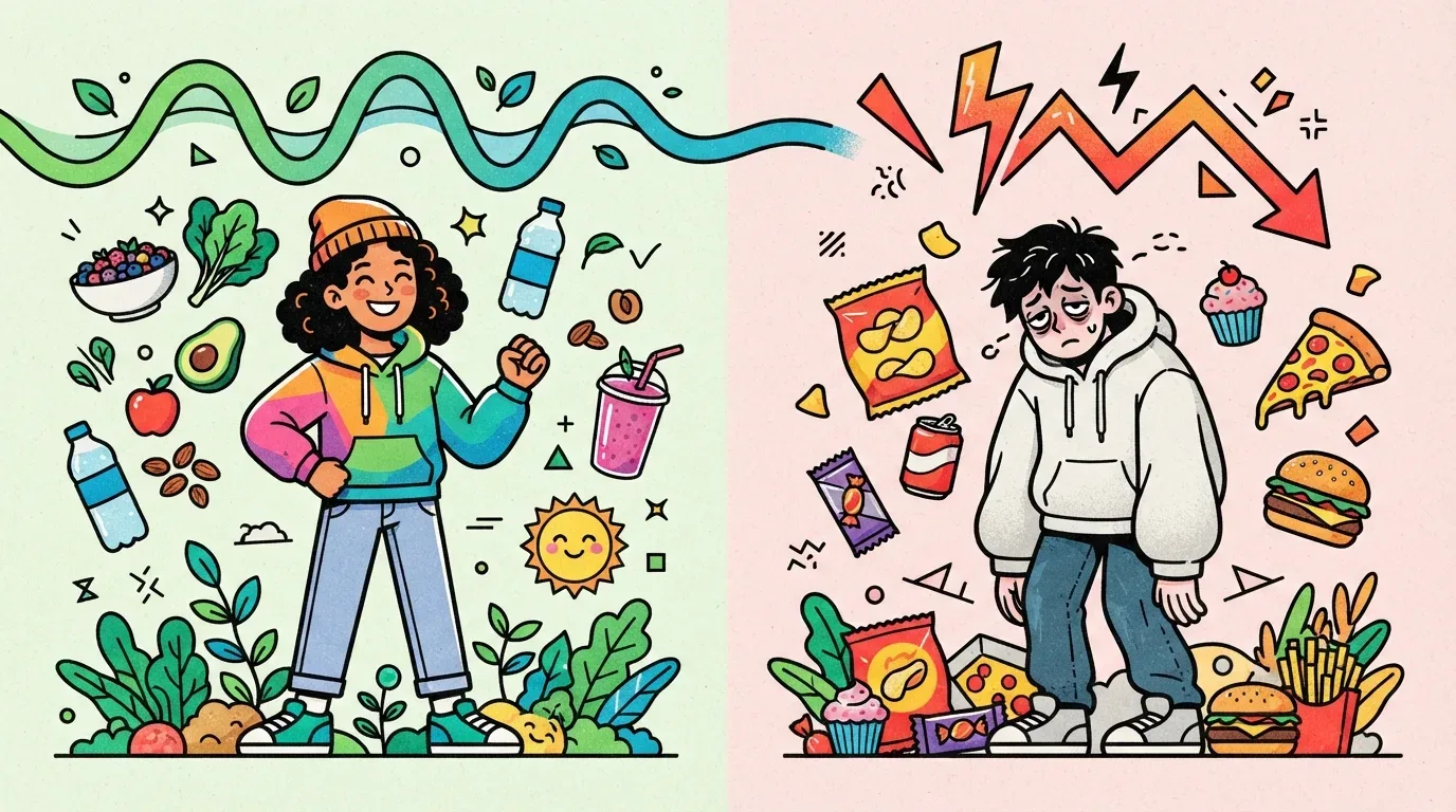 Ilustração comparativa entre dois hábitos alimentares e seus efeitos no bem-estar. À esquerda, em fundo verde, uma jovem vibrante e sorridente comemora sua disposição cercada por água, vegetais, frutas e um sol radiante. À direita, em fundo rosado, um jovem desanimado e com olheiras surge sob uma seta descendente de baixa energia, cercado por pacotes de salgadinhos, hambúrguer, pizza, refrigerante e doces.
