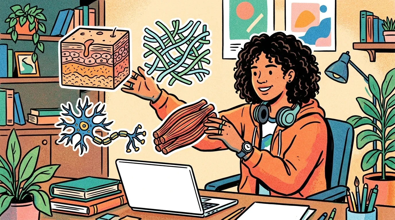 Uma estudante com fones de ouvido em sua mesa de estudos em frente a um notebook aberto, interagindo com quatro representações dos tecidos biológicos fundamentais: um corte anatômico da pele (tecido epitelial), uma rede de fibras (tecido conjuntivo), um feixe muscular (tecido muscular) e um neurônio (tecido nervoso).