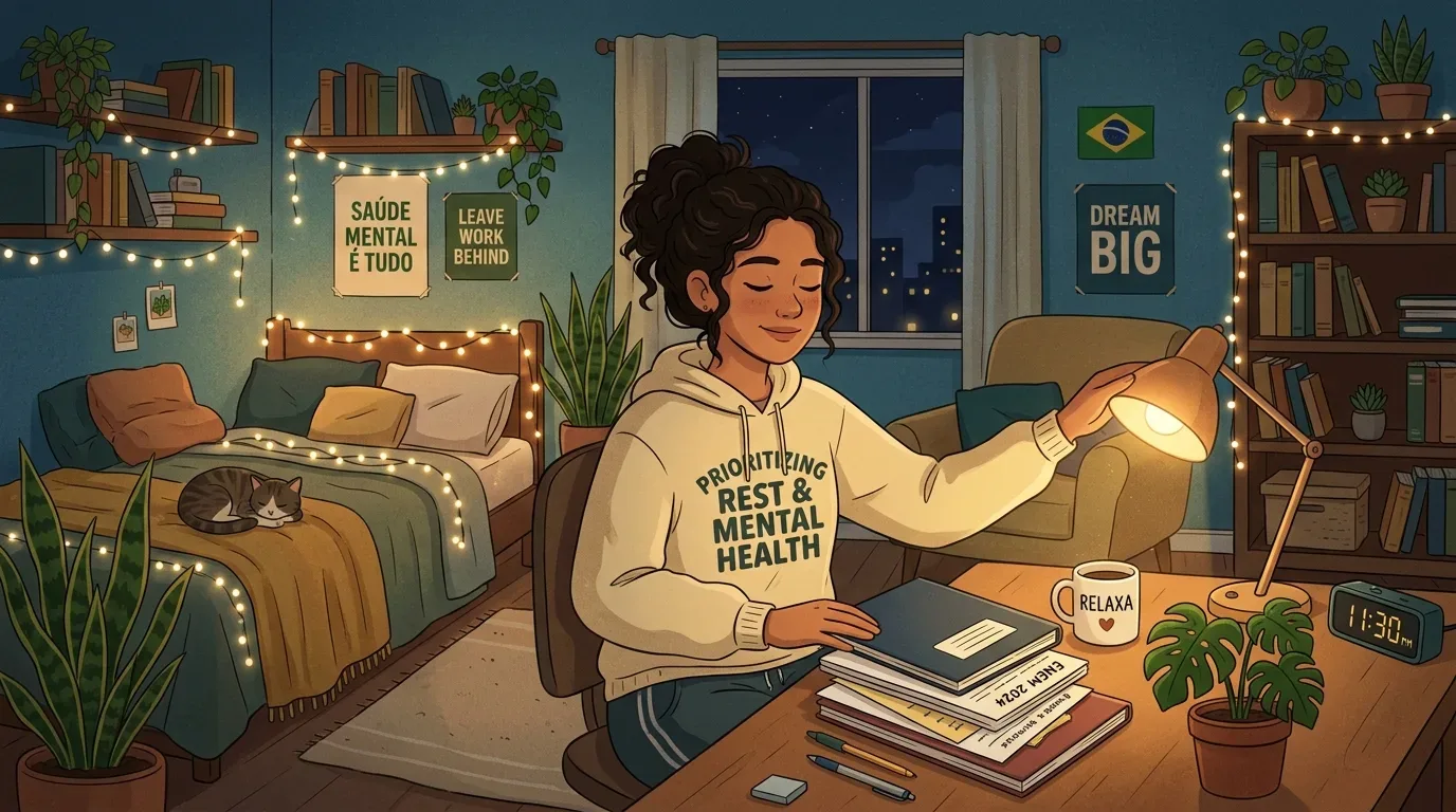 Uma jovem de casaco com capuz com a frase "PRIORITIZING REST & MENTAL HEALTH" a desligar o candeeiro de mesa no seu quarto à noite. Sobre a secretária vê-se uma pilha de livros de estudo ("ENEM 2024"), uma caneca com a palavra "RELAXA", um relógio digital a marcar "11:30 PM" e materiais de escrita. O quarto aconchegante inclui um gato a dormir na cama, luzes pisca-pisca e quadros na parede com as frases "SAÚDE MENTAL É TUDO" e "DREAM BIG".