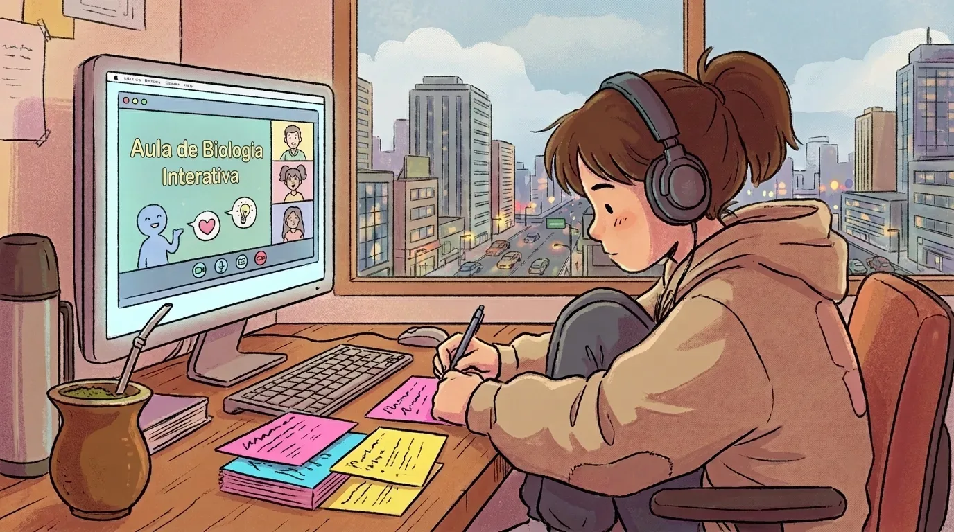 Uma estudante com auscultadores a tirar apontamentos em notas adesivas coloridas junto à secretária, enquanto assiste a uma "Aula de Biologia Interativa" no monitor do computador. Ao lado do teclado encontra-se uma cuia de chimarrão, tendo como plano de fundo uma grande janela com vista para o panorama urbano da cidade.