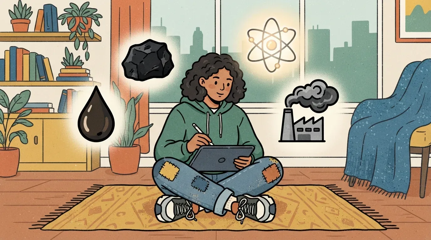 Uma estudante sentada de pernas cruzadas no chão de casa, fazendo anotações em um tablet. Ao seu redor flutuam ícones ilustrados que representam fontes não renováveis de energia: uma gota de petróleo, uma pedra de carvão mineral, o símbolo do átomo (energia nuclear) e uma fábrica emitindo fumaça escura pela chaminé.
