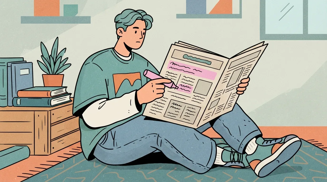 Um jovem de camiseta verde e calça jeans sentado no chão sobre um tapete enquanto lê um jornal impresso aberto. Ele segura um marcador de texto rosa para grifar colunas da página, em um ambiente interno com livros empilhados sobre uma caixa de madeira e vasos de plantas.