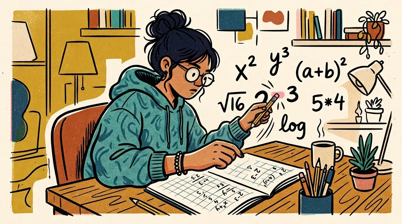 Uma jovem de óculos e cabelo preso em um coque estudando matemática em sua escrivaninha. Ela segura uma borracha enquanto analisa expressões algébricas flutuando no ar, acima de um caderno quadriculado preenchido com equações e frações.