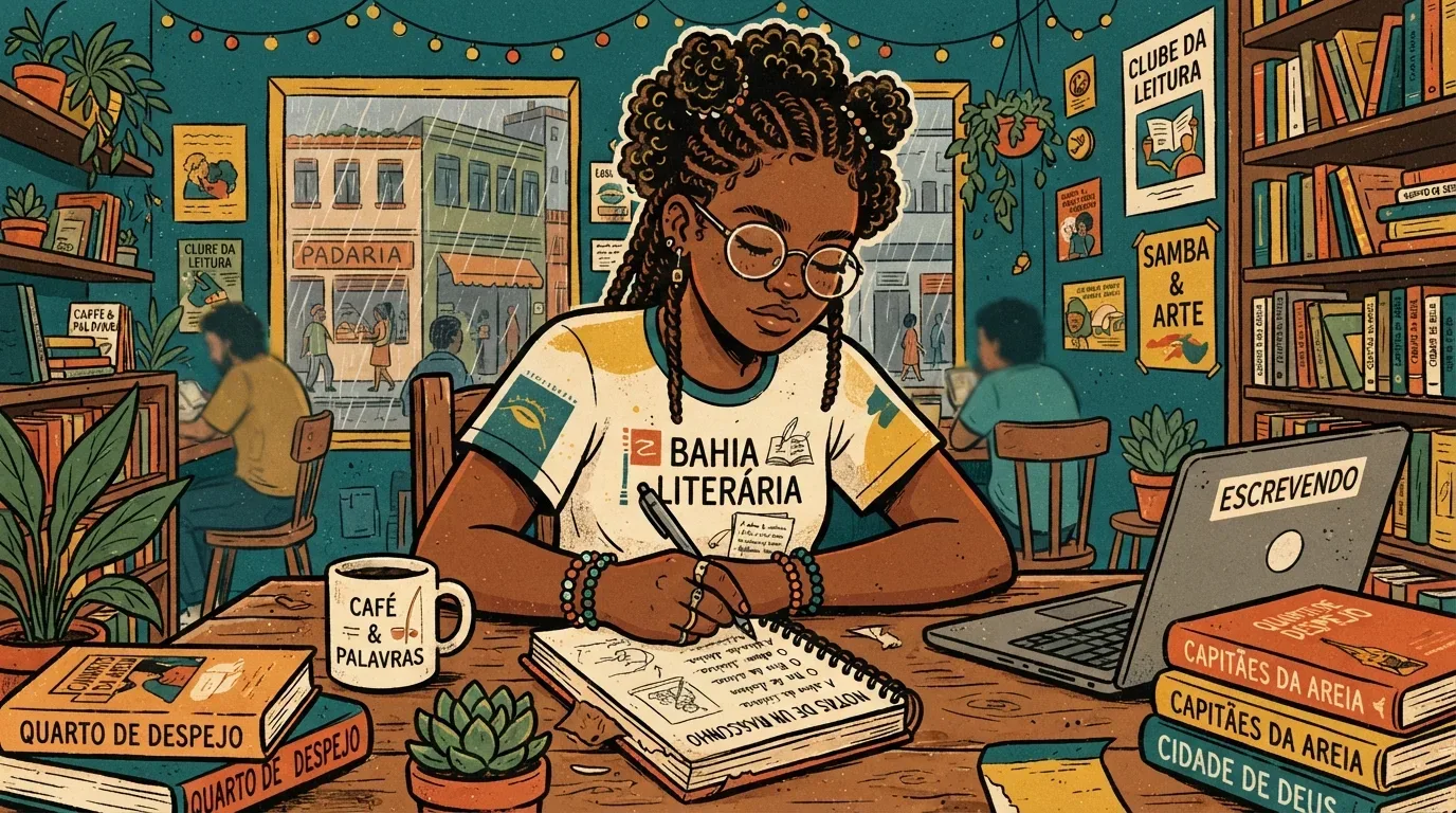 Uma jovem negra de óculos e tranças afro vestindo uma camiseta com a inscrição "BAHIA LITERÁRIA", concentrada ao escrever em um caderno de espiral com o título "NOTAS DE UM RASCUNHO". Ela está em uma livraria ou café acolhedor em um dia chuvoso. Sobre a mesa, veem-se uma caneca decorada com "CAFÉ & PALAVRAS", um vaso de suculenta, um notebook e pilhas de livros de literatura brasileira como "Quarto de Despejo", "Capitães da Areia" e "Cidade de Deus".