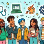 Cinco estudantes diversos em pé em um parque com prédios ao fundo, olhando para cima em atitude de reflexão sobre o futuro profissional. Acima do grupo flutuam ícones coloridos que representam carreiras: um estetoscópio (área da saúde), um notebook (tecnologia), uma paleta de pintura com pincel (artes e design) e uma engrenagem com chave inglesa (engenharia e mecânica).