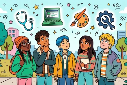 Cinco estudantes diversos em pé em um parque com prédios ao fundo, olhando para cima em atitude de reflexão sobre o futuro profissional. Acima do grupo flutuam ícones coloridos que representam carreiras: um estetoscópio (área da saúde), um notebook (tecnologia), uma paleta de pintura com pincel (artes e design) e uma engrenagem com chave inglesa (engenharia e mecânica).