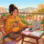 Uma estudante de cabelo cacheado e moletom amarelo estudando na varanda ensolarada de um apartamento. Ela toma chimarrão enquanto utiliza um notebook repleto de adesivos sobre uma mesa de apoio com caderno anotado "BIOLOGIA", xícara de café, mochila e vasos de plantas com vista para o horizonte da cidade.