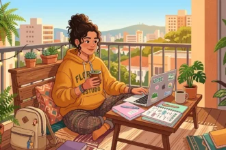 Uma estudante de cabelo cacheado e moletom amarelo estudando na varanda ensolarada de um apartamento. Ela toma chimarrão enquanto utiliza um notebook repleto de adesivos sobre uma mesa de apoio com caderno anotado "BIOLOGIA", xícara de café, mochila e vasos de plantas com vista para o horizonte da cidade.