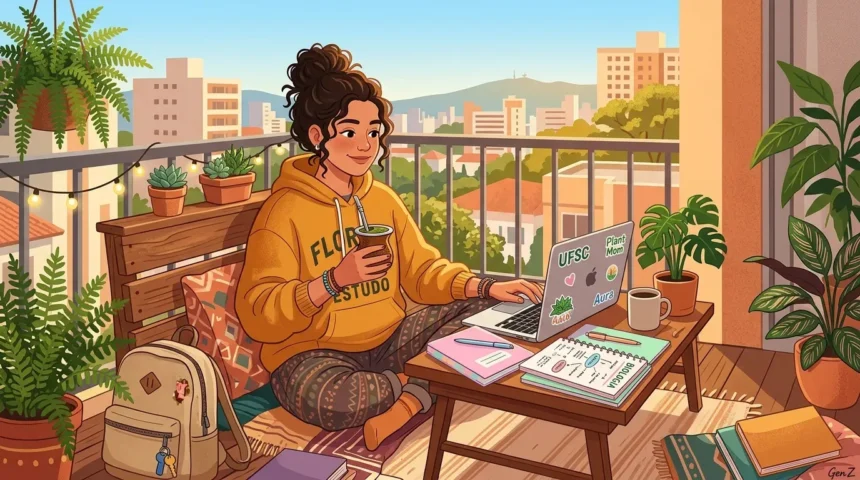 Uma estudante de cabelo cacheado e moletom amarelo estudando na varanda ensolarada de um apartamento. Ela toma chimarrão enquanto utiliza um notebook repleto de adesivos sobre uma mesa de apoio com caderno anotado "BIOLOGIA", xícara de café, mochila e vasos de plantas com vista para o horizonte da cidade.
