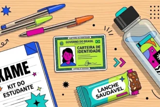 Ilustração vetorial em vista superior organizando os itens essenciais para um dia de prova sobre uma mesa de madeira. O kit inclui um caderno com o título "EXAME - KIT DO ESTUDANTE", uma Carteira de Identidade (RG), canetas transparentes, uma garrafa de água com adesivos e uma barra de cereais identificada como "LANCHE SAUDÁVEL".