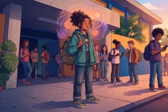 Uma estudante de cabelos cacheados e jaqueta verde parada em uma calçada ensolarada em frente a um prédio, com os olhos fechados. Uma aura de energia colorida envolve sua cabeça, indicando concentração e calma. Ao seu redor, outros jovens interagem em pequenos grupos ou olham para o celular em uma atmosfera descontraída.