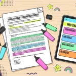 Ilustração em vista superior de uma mesa de estudos organizada para exames. No centro, há uma folha impressa com o título "SIMULADO ENEM - LINGUAGENS E CÓDIGOS" destacada com canetas marca-texto. Ao lado, um tablet mostra a tela "MEU CRONOGRAMA" com as matérias Português, História, Matemática e Redação marcadas como concluídas, junto a um copo de café com a frase "CAFÉ E FOCO", smartphone e fones de ouvido.