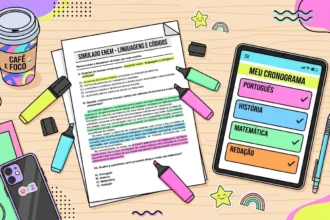 Ilustração em vista superior de uma mesa de estudos organizada para exames. No centro, há uma folha impressa com o título "SIMULADO ENEM - LINGUAGENS E CÓDIGOS" destacada com canetas marca-texto. Ao lado, um tablet mostra a tela "MEU CRONOGRAMA" com as matérias Português, História, Matemática e Redação marcadas como concluídas, junto a um copo de café com a frase "CAFÉ E FOCO", smartphone e fones de ouvido.