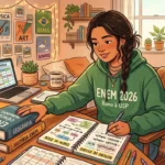Uma jovem estudante de trança a vestir um casaco de capuz verde com a inscrição "ENEM 2026 Rumo à USP", concentrada a escrever num caderno intitulado "ROTEIRO DE ESTUDO". Sobre a secretária iluminada por um candeeiro, encontram-se um portátil a apresentar o "REVISÃO SCHEDULE", uma caneca com a frase "CAFEZINHO E FOCO", livros de Geografia e História empilhados, além de plantas e cartazes decorativos ao fundo.