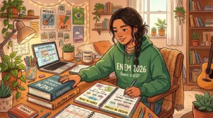 Uma jovem estudante de trança a vestir um casaco de capuz verde com a inscrição "ENEM 2026 Rumo à USP", concentrada a escrever num caderno intitulado "ROTEIRO DE ESTUDO". Sobre a secretária iluminada por um candeeiro, encontram-se um portátil a apresentar o "REVISÃO SCHEDULE", uma caneca com a frase "CAFEZINHO E FOCO", livros de Geografia e História empilhados, além de plantas e cartazes decorativos ao fundo.