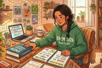 Uma jovem estudante de trança a vestir um casaco de capuz verde com a inscrição "ENEM 2026 Rumo à USP", concentrada a escrever num caderno intitulado "ROTEIRO DE ESTUDO". Sobre a secretária iluminada por um candeeiro, encontram-se um portátil a apresentar o "REVISÃO SCHEDULE", uma caneca com a frase "CAFEZINHO E FOCO", livros de Geografia e História empilhados, além de plantas e cartazes decorativos ao fundo.