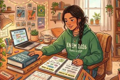 Uma jovem estudante de trança a vestir um casaco de capuz verde com a inscrição "ENEM 2026 Rumo à USP", concentrada a escrever num caderno intitulado "ROTEIRO DE ESTUDO". Sobre a secretária iluminada por um candeeiro, encontram-se um portátil a apresentar o "REVISÃO SCHEDULE", uma caneca com a frase "CAFEZINHO E FOCO", livros de Geografia e História empilhados, além de plantas e cartazes decorativos ao fundo.