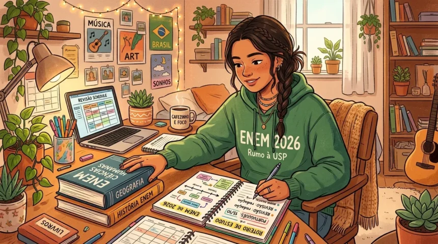 Uma jovem estudante de trança a vestir um casaco de capuz verde com a inscrição "ENEM 2026 Rumo à USP", concentrada a escrever num caderno intitulado "ROTEIRO DE ESTUDO". Sobre a secretária iluminada por um candeeiro, encontram-se um portátil a apresentar o "REVISÃO SCHEDULE", uma caneca com a frase "CAFEZINHO E FOCO", livros de Geografia e História empilhados, além de plantas e cartazes decorativos ao fundo.