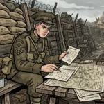 Estilo quadrinho de um soldado britânico sentado em uma mesa tosca de madeira dentro de uma trincheira da Primeira Guerra Mundial. Ele está concentrado, segurando uma carta enquanto usa uma caneta para escrever ou marcar um mapa detalhado da "Western Front" (Frente Ocidental). Sacos de areia empilhados, arame farpado e o campo de batalha fumegante ao fundo criam o cenário.