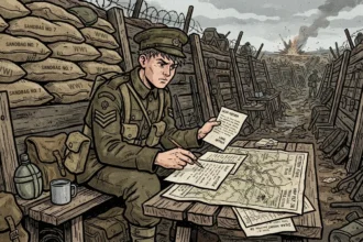 Estilo quadrinho de um soldado britânico sentado em uma mesa tosca de madeira dentro de uma trincheira da Primeira Guerra Mundial. Ele está concentrado, segurando uma carta enquanto usa uma caneta para escrever ou marcar um mapa detalhado da "Western Front" (Frente Ocidental). Sacos de areia empilhados, arame farpado e o campo de batalha fumegante ao fundo criam o cenário.