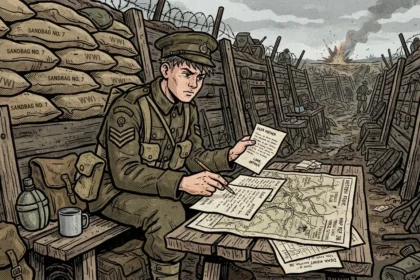 Estilo quadrinho de um soldado britânico sentado em uma mesa tosca de madeira dentro de uma trincheira da Primeira Guerra Mundial. Ele está concentrado, segurando uma carta enquanto usa uma caneta para escrever ou marcar um mapa detalhado da "Western Front" (Frente Ocidental). Sacos de areia empilhados, arame farpado e o campo de batalha fumegante ao fundo criam o cenário.