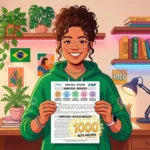 Uma estudante sorridente de óculos e casaco verde a segurar orgulhosamente a sua folha de resultado do ENEM com a indicação "1000 NOTA MÁXIMA" na redação. O ambiente ao fundo é um quarto acolhedor com prateleiras repletas de livros de estudo, destacando-se o título "REDAÇÃO NOTA 1000", além de plantas, luzes pisca-pisca e a bandeira do Brasil.