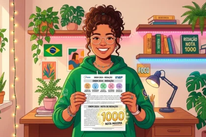 Uma estudante sorridente de óculos e casaco verde a segurar orgulhosamente a sua folha de resultado do ENEM com a indicação "1000 NOTA MÁXIMA" na redação. O ambiente ao fundo é um quarto acolhedor com prateleiras repletas de livros de estudo, destacando-se o título "REDAÇÃO NOTA 1000", além de plantas, luzes pisca-pisca e a bandeira do Brasil.