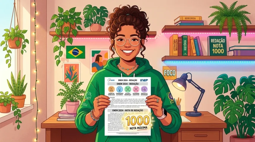 Uma estudante sorridente de óculos e casaco verde a segurar orgulhosamente a sua folha de resultado do ENEM com a indicação "1000 NOTA MÁXIMA" na redação. O ambiente ao fundo é um quarto acolhedor com prateleiras repletas de livros de estudo, destacando-se o título "REDAÇÃO NOTA 1000", além de plantas, luzes pisca-pisca e a bandeira do Brasil.
