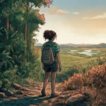 Uma jovem de mochila vista de costas em uma trilha de transição entre biomas. À sua esquerda, estende-se uma floresta tropical densa e verdejante; à sua direita, a paisagem se transforma em uma vegetação árida com cactos. Ao centro, ela contempla um vasto vale com rios sinuosos sob a iluminação dourada do entardecer.