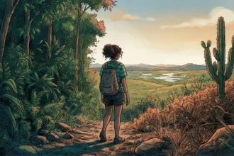 Uma jovem de mochila vista de costas em uma trilha de transição entre biomas. À sua esquerda, estende-se uma floresta tropical densa e verdejante; à sua direita, a paisagem se transforma em uma vegetação árida com cactos. Ao centro, ela contempla um vasto vale com rios sinuosos sob a iluminação dourada do entardecer.