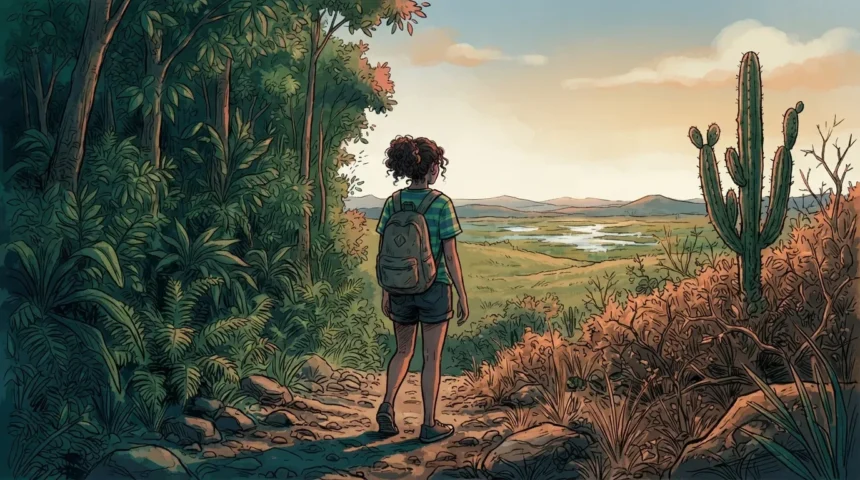Uma jovem de mochila vista de costas em uma trilha de transição entre biomas. À sua esquerda, estende-se uma floresta tropical densa e verdejante; à sua direita, a paisagem se transforma em uma vegetação árida com cactos. Ao centro, ela contempla um vasto vale com rios sinuosos sob a iluminação dourada do entardecer.