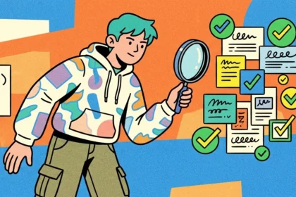 Ilustração conceitual de um jovem de cabelo verde e moletom estampado utilizando uma lupa para revisar diversos papéis e cartões flutuantes. Cada bloco de notas exibe linhas de texto acompanhadas por ícones circulares com sinal de visto verde (check-mark), em um fundo abstrato e colorido.