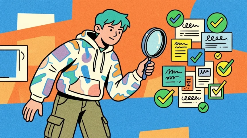 Ilustração conceitual de um jovem de cabelo verde e moletom estampado utilizando uma lupa para revisar diversos papéis e cartões flutuantes. Cada bloco de notas exibe linhas de texto acompanhadas por ícones circulares com sinal de visto verde (check-mark), em um fundo abstrato e colorido.