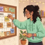 Uma jovem de óculos e casaco verde com a palavra "BRAZIL" a afixar um lembrete de "REVISÃO HISTÓRIA" num quadro de cortiça com o calendário de "NOVEMBRO 2024". O painel organiza diversas notas de estudo como "MATEMÁTICA ENEM", "ESTUDO PORTUGUÊS" e "SÁBADO LIVRE", num quarto aconchegante decorado com luzes pisca-pisca, plantas e auscultadores na prateleira.