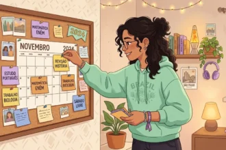Uma jovem de óculos e casaco verde com a palavra "BRAZIL" a afixar um lembrete de "REVISÃO HISTÓRIA" num quadro de cortiça com o calendário de "NOVEMBRO 2024". O painel organiza diversas notas de estudo como "MATEMÁTICA ENEM", "ESTUDO PORTUGUÊS" e "SÁBADO LIVRE", num quarto aconchegante decorado com luzes pisca-pisca, plantas e auscultadores na prateleira.
