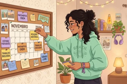 Uma jovem de óculos e casaco verde com a palavra "BRAZIL" a afixar um lembrete de "REVISÃO HISTÓRIA" num quadro de cortiça com o calendário de "NOVEMBRO 2024". O painel organiza diversas notas de estudo como "MATEMÁTICA ENEM", "ESTUDO PORTUGUÊS" e "SÁBADO LIVRE", num quarto aconchegante decorado com luzes pisca-pisca, plantas e auscultadores na prateleira.