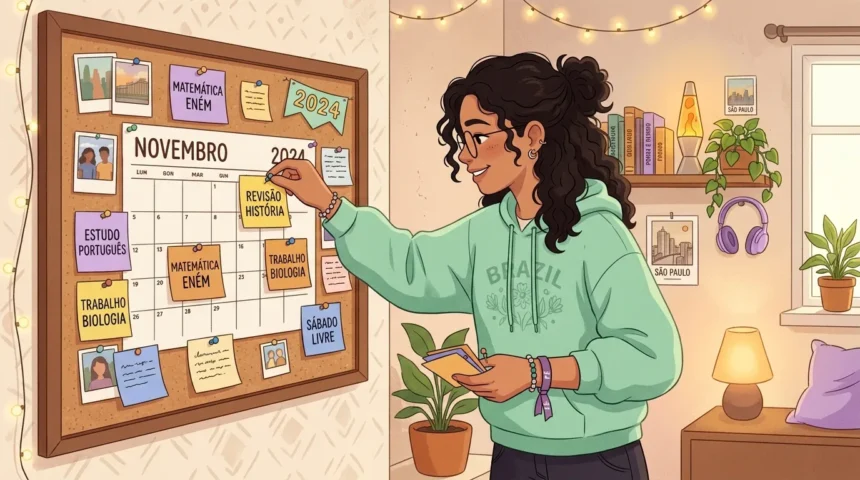 Uma jovem de óculos e casaco verde com a palavra "BRAZIL" a afixar um lembrete de "REVISÃO HISTÓRIA" num quadro de cortiça com o calendário de "NOVEMBRO 2024". O painel organiza diversas notas de estudo como "MATEMÁTICA ENEM", "ESTUDO PORTUGUÊS" e "SÁBADO LIVRE", num quarto aconchegante decorado com luzes pisca-pisca, plantas e auscultadores na prateleira.