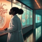 Estudante em perfil diante de modelo anatômico de coração em laboratório iluminado por luzes contrastantes