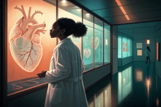 Estudante em perfil diante de modelo anatômico de coração em laboratório iluminado por luzes contrastantes