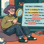 Uma estudante de óculos sentada em uma poltrona puf utilizando uma lupa para examinar um texto em inglês intitulado "THE DAILY CHRONICLE...". O cartão de leitura destaca diferentes estruturas e tempos verbais em caixas coloridas, como "is studying", "has completed", "will visit", "are meeting" e "had hoped", em um ambiente decorado com livros, mochila e plantas.